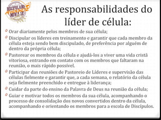As responsabilidades do
líder de célula:
0 Orar diariamente pelos membros de sua célula;
0 Discipular os líderes em treinamento e garantir que cada membro da
célula esteja sendo bem discipulado, de preferência por alguém de
dentro da própria célula;
0 Pastorear os membros da célula e ajudá-los a viver uma vida cristã
vitoriosa, entrando em contato com os membros que faltaram na
reunião, o mais rápido possível.
0 Participar das reuniões de Pastoreio de Líderes e supervisão das
células fielmente e garantir que, a cada semana, o relatório da célula
seja fielmente preenchido e entregue à liderança;
0 Cuidar da parte do ensino da Palavra de Deus na reunião da célula;
0 Guiar e motivar todos os membros da sua célula, acompanhando o
processo de consolidação dos novos convertidos dentro da célula,
acompanhando e orientando os membros para a escola de Discípulos.
 