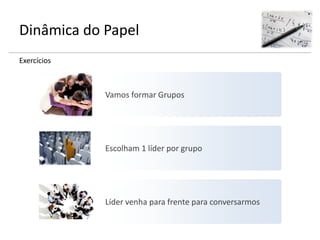 Dinâmica do Papel
Exercícios
Vamos formar Grupos
Escolham 1 líder por grupo
Líder venha para frente para conversarmos
 