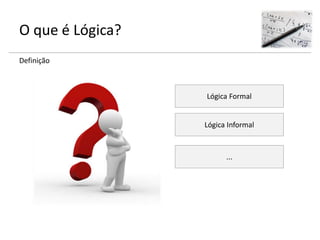 O que é Lógica?
Definição
Lógica Formal
Lógica Informal
...
 