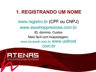 1. REGISTRANDO UM NOME www.registro.br  (CPF ou CNPJ) www.sexshoppreciosa.com.br ID, dominio, Custos Mais fácil com hospedagem: www.locaweb.com.br   www. uolhost .com. br 