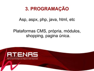 3. PROGRAMAÇÃO Asp, aspx, php, java, html, etc Plataformas CMS, própria, módulos, shopping, pagina única.  