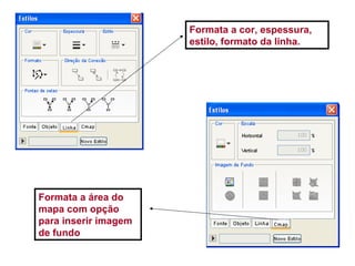Formata a cor, espessura, estilo, formato da linha. Formata a área do mapa com opção para inserir imagem de fundo 