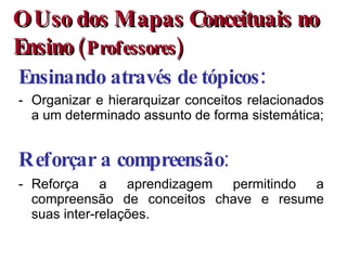 O Uso dos Mapas Conceituais no Ensino  (Professores) Ensinando através de tópicos: Organizar e hierarquizar conceitos relacionados a um determinado assunto de forma sistemática; Reforçar a compreensão : Reforça a aprendizagem permitindo a compreensão de conceitos chave e resume suas inter-relações. 