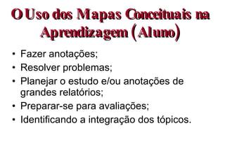 Fazer anotações; Resolver problemas; Planejar o estudo e/ou anotações de grandes relatórios; Preparar-se para avaliações; Identificando a integração dos tópicos. O Uso dos Mapas Conceituais na Aprendizagem (Aluno) 