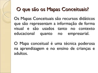 O que são os Mapas Conceituais? Os Mapas Conceituais são recursos didáticos que são representam a informação de forma visual e são usados tanto no contexto educacional quanto no empresarial.  O Mapa conceitual é uma técnica poderosa na aprendizagem e no ensino de crianças e adultos.  