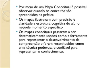 Por meio de um Mapa Conceitual é possível observar quando os conceitos são apreendidos na prática,  Os mapas ilustravam com precisão e claridade a estrutura cognitiva do aluno naquele momento específico Os mapas conceituais passaram a ser sistematicamente usados como a ferramenta para representar o desenvolvimento da compreensão e foram reconhecidos como uma técnica poderosa e confiável para representar o conhecimento.  