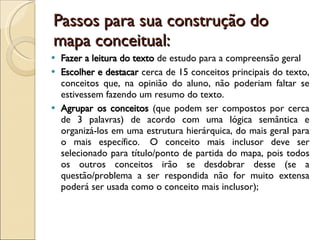 Passos para sua construção do mapa conceitual:  Fazer a leitura do texto  de estudo para a compreensão geral Escolher e destacar  cerca de 15 conceitos principais do texto, conceitos que, na opinião do aluno, não poderiam faltar se estivessem fazendo um resumo do texto.  Agrupar os conceitos  (que podem ser compostos por cerca de 3 palavras) de acordo com uma lógica semântica e organizá-los em uma estrutura hierárquica, do mais geral para o mais específico.  O conceito mais inclusor deve ser selecionado para título/ponto de partida do mapa, pois todos os outros conceitos irão se desdobrar desse (se a questão/problema a ser respondida não for muito extensa poderá ser usada como o conceito mais inclusor);  