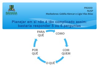 PROIDD
NUSP
Mediadoras: Gidélia Alencar e Lígia Vilas Bôas

Planejar em si não é tão complicado assim:
bastaria responder 5 ou 6 perguntas

 