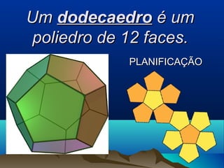 UmUm dodecaedrododecaedro é umé um
poliedro de 12 faces.poliedro de 12 faces.
PLANIFICAÇÃOPLANIFICAÇÃO
 