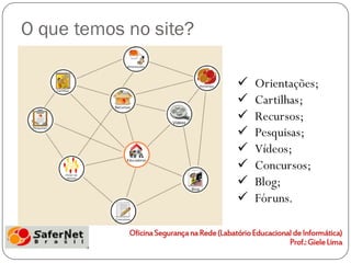 O que temos no site?

                          Orientações;
                          Cartilhas;
                          Recursos;
                          Pesquisas;
                          Vídeos;
                          Concursos;
                          Blog;
                          Fóruns.
 