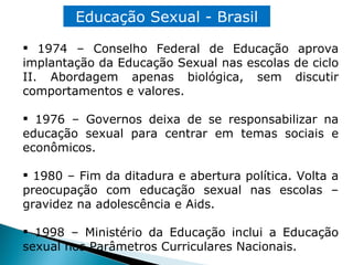 Educação Sexual - Brasil 1974 – Conselho Federal de Educação aprova implantação da Educação Sexual nas escolas de ciclo II. Abordagem apenas biológica, sem discutir comportamentos e valores. 1976 – Governos deixa de se responsabilizar na educação sexual para centrar em temas sociais e econômicos. 1980 – Fim da ditadura e abertura política. Volta a preocupação com educação sexual nas escolas – gravidez na adolescência e Aids. 1998 – Ministério da Educação inclui a Educação sexual nos Parâmetros Curriculares Nacionais.  