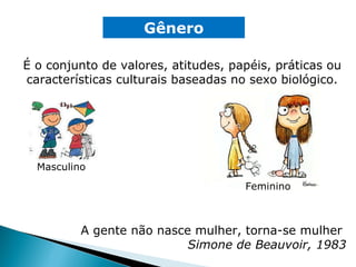 É o conjunto de valores, atitudes, papéis, práticas ou características culturais baseadas no sexo biológico. Gênero Masculino Feminino A gente não nasce mulher, torna-se mulher   Simone de Beauvoir, 1983 