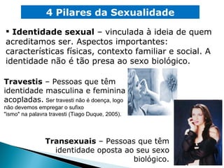 Identidade sexual  – vinculada à ideia de quem acreditamos ser. Aspectos importantes: características físicas, contexto familiar e social. A identidade não é tão presa ao sexo biológico. 4 Pilares da Sexualidade Travestis  – Pessoas que têm identidade masculina e feminina acopladas.   Ser travesti não é doença, logo não devemos empregar o sufixo "ismo" na palavra travesti (Tiago Duque, 2005). Transexuais  – Pessoas que têm identidade oposta ao seu sexo biológico. 