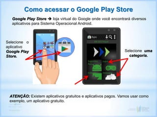 Google Play Store  loja virtual do Google onde você encontrará diversos
aplicativos para Sistema Operacional Android.
Como acessar o Google Play Store
Selecione o
aplicativo
Google Play
Store.
Selecione uma
categoria.
ATENÇÃO: Existem aplicativos gratuitos e aplicativos pagos. Vamos usar como
exemplo, um aplicativo gratuito.
 