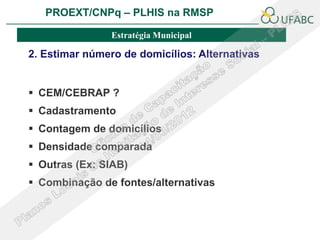 PROEXT/CNPq – PLHIS na RMSP               PLHIS:
                             Fontes de Informação
                                         Conceitos
                Estratégia Municipal

2. Estimar número de domicílios: Alternativas


 CEM/CEBRAP ?
 Cadastramento
 Contagem de domicílios
 Densidade comparada
 Outras (Ex: SIAB)
 Combinação de fontes/alternativas
 
