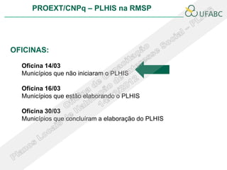PROEXT/CNPq – PLHIS na RMSP




OFICINAS:

  Oficina 14/03
  Municípios que não iniciaram o PLHIS

  Oficina 16/03
  Municípios que estão elaborando o PLHIS

  Oficina 30/03
  Municípios que concluíram a elaboração do PLHIS
 