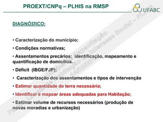 PROEXT/CNPq – PLHIS na RMSP               PLHIS:
                               Fontes de Informação
                                           Conceitos

DIAGNÓSTICO:


• Caracterização do município;
• Condições normativas;
• Assentamentos precários: identificação, mapeamento e
quantificação de domicílios.
• Déficit (IBGE/FJP);
• Caracterização dos assentamentos e tipos de intervenção
• Estimar quantidade de terra necessária;
• Identificar e mapear áreas adequadas para Habitação;
• Estimar volume de recursos necessários (produção de
novas moradias e urbanização)
 