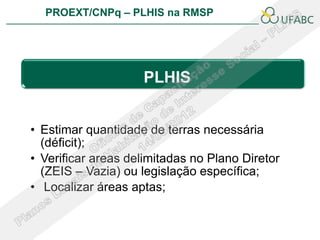 PROEXT/CNPq – PLHIS na RMSP               PLHIS:
                            Fontes de Informação
                                        Conceitos




                    PLHIS


• Estimar quantidade de terras necessária
  (déficit);
• Verificar areas delimitadas no Plano Diretor
  (ZEIS – Vazia) ou legislação específica;
• Localizar áreas aptas;
 
