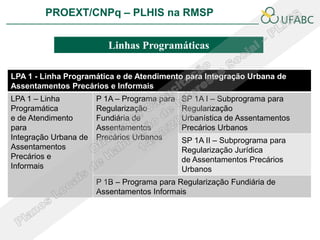 PROEXT/CNPq – PLHIS na RMSP               PLHIS:
                                  Fontes de Informação
                                              Conceitos

                          Linhas Programáticas

LPA 1 - Linha Programática e de Atendimento para Integração Urbana de
Assentamentos Precários e Informais
LPA 1 – Linha          P 1A – Programa para   SP 1A I – Subprograma para
Programática           Regularização          Regularização
e de Atendimento       Fundiária de           Urbanística de Assentamentos
para                   Assentamentos          Precários Urbanos
Integração Urbana de   Precários Urbanos      SP 1A II – Subprograma para
Assentamentos                                 Regularização Jurídica
Precários e                                   de Assentamentos Precários
Informais                                     Urbanos
                       P 1B – Programa para Regularização Fundiária de
                       Assentamentos Informais
 