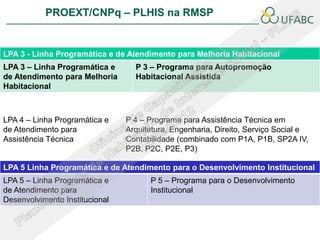 PROEXT/CNPq – PLHIS na RMSP               PLHIS:
                                     Fontes de Informação
                                                 Conceitos


LPA 3 - Linha Programática e de Atendimento para Melhoria Habitacional
LPA 3 – Linha Programática e      P 3 – Programa para Autopromoção
de Atendimento para Melhoria      Habitacional Assistida
Habitacional

LPA 4 - Linha Programática e de Atendimento para Assistência Técnica
LPA 4 – Linha Programática e    P 4 – Programa para Assistência Técnica em
de Atendimento para             Arquitetura, Engenharia, Direito, Serviço Social e
Assistência Técnica             Contabilidade (combinado com P1A, P1B, SP2A IV,
                                P2B, P2C, P2E, P3)

LPA 5 Linha Programática e de Atendimento para o Desenvolvimento Institucional
LPA 5 – Linha Programática e          P 5 – Programa para o Desenvolvimento
de Atendimento para                   Institucional
Desenvolvimento Institucional
 