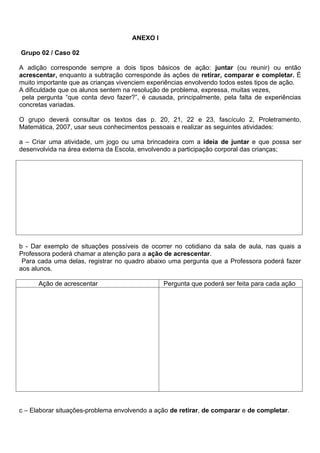 ANEXO l

Grupo 02 / Caso 02

A adição corresponde sempre a dois tipos básicos de ação: juntar (ou reunir) ou então
acrescentar, enquanto a subtração corresponde às ações de retirar, comparar e completar. É
muito importante que as crianças vivenciem experiências envolvendo todos estes tipos de ação.
A dificuldade que os alunos sentem na resolução de problema, expressa, muitas vezes,
 pela pergunta “que conta devo fazer?”, é causada, principalmente, pela falta de experiências
concretas variadas.

O grupo deverá consultar os textos das p. 20, 21, 22 e 23, fascículo 2, Proletramento,
Matemática, 2007, usar seus conhecimentos pessoais e realizar as seguintes atividades:

a – Criar uma atividade, um jogo ou uma brincadeira com a ideia de juntar e que possa ser
desenvolvida na área externa da Escola, envolvendo a participação corporal das crianças;




b - Dar exemplo de situações possíveis de ocorrer no cotidiano da sala de aula, nas quais a
Professora poderá chamar a atenção para a ação de acrescentar.
 Para cada uma delas, registrar no quadro abaixo uma pergunta que a Professora poderá fazer
aos alunos.

      Ação de acrescentar                      Pergunta que poderá ser feita para cada ação




c – Elaborar situações-problema envolvendo a ação de retirar, de comparar e de completar.
 