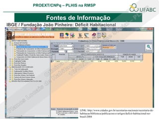 PROEXT/CNPq – PLHIS na RMSP
                                                                             PLHIS:
                                                              Fontes de Informação
                                                                         Conceitos

                  Fontes de Informação
IBGE / Fundação João Pinheiro: Déficit Habitacional




                                  LINK: http://www.cidades.gov.br/secretarias-nacionais/secretaria-de-
                                  habitacao/biblioteca/publicacoes-e-artigos/deficit-habitacional-no-
                                  brasil-2004
 