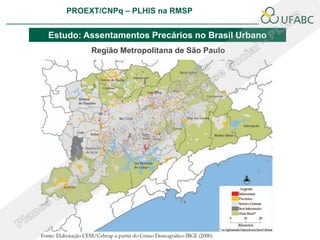 PROEXT/CNPq – PLHIS na RMSP
                                                        PLHIS:
                                         Fontes de Informação
                                                    Conceitos

Estudo: Assentamentos Precários no Brasil Urbano
         Região Metropolitana de São Paulo
 