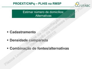 PROEXT/CNPq – PLHIS na RMSP

         Estimar número de domicílios:
                  Alternativas




 Cadastramento

 Densidade comparada

 Combinação de fontes/alternativas
 