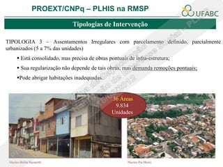 PROEXT/CNPq – PLHIS na RMSP

                               Tipologias de Intervenção

TIPOLOGIA 3 – Assentamentos Irregulares com parcelamento definido, parcialmente
urbanizados (5 a 7% das unidades)
       Está consolidado, mas precisa de obras pontuais de infra-estrutura;
       Sua regularização não depende de tais obras, mas demanda remoções pontuais;
      Pode abrigar habitações inadequadas.


                                                36 Áreas
                                                 9.834
                                                Unidades




 Núcleo Belita Nazareth                                 Núcleo Pai Herói
 