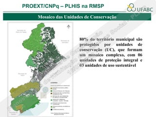 PROEXT/CNPq – PLHIS na RMSP

     Mosaico das Unidades de Conservação



                       80% do território municipal são
                       protegidos por unidades de
                       conservação (UC), que formam
                       um mosaico complexo, com 06
                       unidades de proteção integral e
                       03 unidades de uso sustentável
 