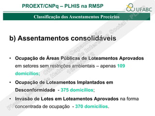 PROEXT/CNPq – PLHIS na RMSP

          Classificação dos Assentamentos Precários



b) Assentamentos consolidáveis

• Ocupação de Áreas Públicas de Loteamentos Aprovados
  em setores sem restrições ambientais – apenas 109
  domicílios;
• Ocupação de Loteamentos Implantados em
  Desconformidade - 375 domicílios;
• Invasão de Lotes em Loteamentos Aprovados na forma
  concentrada de ocupação - 370 domicílios.
 