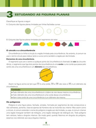 3          ESTUDANDO AS FIGURAS PLANAS

Classifique as figuras a seguir.
A. Conjunto das figuras planas limitadas por linhas fechadas curvas: ____________________________




B. Conjunto das figuras planas limitadas por segmentos de retas: _______________________________




O círculo e a circunferência
  Circunferência é a linha e círculo é a região limitada pela circunferência. No entanto, é comum se
usar o termo círculo para indicar tanto a curva como também a região por ela limitada.
Elementos de uma circunferência.
   O segmento que une o centro a qualquer ponto da circunferência é chamado de raio da circunfe-
rência, o segmento que liga dois pontos da circunferência é uma corda e uma corda que passa pelo
centro de uma circunferência é um diâmetro da circunferência.
                                                      D

                                        C                 B

                                                  O
                                         A



   Assim na figura acima se tem que CD é uma corda, OA e OB são raios e AB é um diâmetro da
circunferência.
      Conclusão:
      ● Todo diâmetro de uma circunferência é o dobro do raio dessa mesma circunferência.
      ● Todo diâmetro de uma circunferência é uma corda dessa circunferência.
      ● Nem toda corda de uma circunferência é um diâmetro da mesma.

Os polígonos
   Polígono é uma figura plana, fechada, simples, formada por segmentos de reta consecutivos e
não colineares, portanto, trata-se apenas da fronteira não se incluindo seu interior. Mas assim como
o círculo, é comum estender o nome do polígono à região por ele limitada, ou seja, é comum chamar
uma região triangular também de triângulo, uma região retangular de retângulo etc. Todo polígono
tem vértices, lados e ângulos internos. De modo geral, quando falarmos em ângulos do polígono,
estamos nos referindo aos seus ângulos internos.

                                                 8
                                             OFICINA 3
 