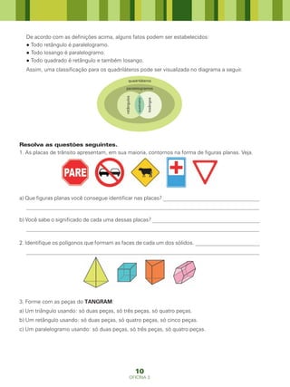 De acordo com as definições acima, alguns fatos podem ser estabelecidos:
  ● Todo retângulo é paralelogramo.
  ● Todo losango é paralelogramo.
  ● Todo quadrado é retângulo e também losango.
  Assim, uma classificação para os quadriláteros pode ser visualizada no diagrama a seguir.

                                               quadriláteros

                                            paralelogramos




                                           retângulos




                                                                    losângos
                                                        quadrados

Resolva as questões seguintes.
1. As placas de trânsito apresentam, em sua maioria, contornos na forma de figuras planas. Veja.




a) Que figuras planas você consegue identificar nas placas? ____________________________________
  _______________________________________________________________________________________

b) Você sabe o significado de cada uma dessas placas? ________________________________________
  _______________________________________________________________________________________

2. Identifique os polígonos que formam as faces de cada um dos sólidos. ________________________
  _______________________________________________________________________________________




3. Forme com as peças do TANGRAM:
a) Um triângulo usando: só duas peças, só três peças, só quatro peças.
b) Um retângulo usando: só duas peças, só quatro peças, só cinco peças.
c) Um paralelogramo usando: só duas peças, só três peças, só quatro peças.




                                                        10
                                                 OFICINA 3
 
