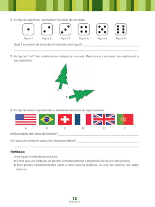2. As figuras seguintes representam as faces de um dado.




          Figura 1      Figura 2      Figura 3        Figura 4     Figura 5      Figura 6

  Qual é o numero de eixos de simetria de cada figura? _______________________________________
  _______________________________________________________________________________________

3. As figuras F e F’ são simétricas em relação a uma reta. Descubra e trace essa reta, explicando o
   seu raciocínio.




4. As figuras abaixo representam a bandeiras nacionais de alguns países.




           A               B             C               D             E                F

a) Quais delas têm eixos de simetria? ________________________________________________________

b) A que país pertence cada uma dessas bandeiras? ___________________________________________
  _______________________________________________________________________________________

Reflexão
  Uma figura é reflexão de outra se:
  ● A reta que une cada par de pontos correspondentes é perpendicular ao eixo de simetria.
  ● Dois pontos correspondentes estão a uma mesma distância do eixo de simetria, em lados
    opostos.




                                                 12
                                             OFICINA 3
 