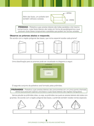 vértice

                 Além das faces, um poliedro tem
                 também vértices e arestas.
                                                                              aresta



           PRISMAS – Poliedros cujas arestas laterais são todas paralelas e de mesmo
          comprimento, cujas faces laterais são todas em forma de paralelogramos e que
           possuem duas bases congruentes e paralelas que podem ter formas variadas.

Observe os prismas abaixo e responda.
De acordo com a região poligonal das bases, que nome especial recebe cada prisma?




  Uma classificação para os prismas pode ser visualizada no diagrama a seguir.
                                               poliedros
                                          prismas retos
                                           paralelepípedos

                                                cubos




  O segundo conjunto de poliedros será formado pelas pirâmides.

 PIRÂMIDES – Poliedros cujas arestas laterais são concorrentes em um único ponto chamado
    vértice que possuem apenas uma base e cujas faces laterais são regiões triangulares.

   Vamos estudar as pirâmides retas, ou seja, as pirâmides nas quais as arestas laterais são todas con-
gruentes. De acordo com a região poligonal das bases, a pirâmide também recebe nomes especiais:




                                               5
                        EXPLORANDO O ESPAÇO E AS FIGURAS GEOMÉTRICAS
 