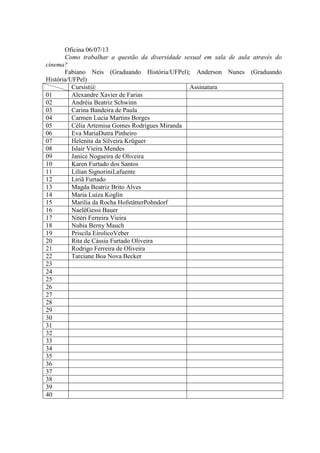 Oficina 06/07/13
Como trabalhar a questão da diversidade sexual em sala de aula através do
cinema?
Fabiano Neis (Graduando História/UFPel); Anderson Nunes (Graduando
História/UFPel)
Cursist@ Assinatura
01 Alexandre Xavier de Farias
02 Andréia Beatriz Schwinn
03 Carina Bandeira de Paula
04 Carmen Lucia Martins Borges
05 Célia Artemisa Gomes Rodrigues Miranda
06 Eva MariaDutra Pinheiro
07 Helenita da Silveira Krüguer
08 Islair Vieira Mendes
09 Janice Nogueira de Oliveira
10 Karen Furtado dos Santos
11 Lilian SignoriniLafuente
12 Liriã Furtado
13 Magda Beatriz Brito Alves
14 Maria Luiza Koglin
15 Marilia da Rocha HofstätterPohndorf
16 NaelêGessi Bauer
17 Nitéri Ferreira Vieira
18 Nubia Berny Mauch
19 Priscila EirolicoVeber
20 Rita de Cássia Furtado Oliveira
21 Rodrigo Ferreira de Oliveira
22 Tarciane Boa Nova Becker
23
24
25
26
27
28
29
30
31
32
33
34
35
36
37
38
39
40
 