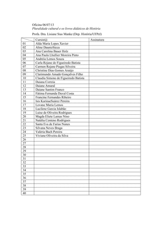 Oficina 06/07/13
Pluralidade cultural e os livros didáticos de História
Profa. Dra. Lisiane Sias Manke (Dep. História/UFPel)
Cursist@ Assinatura
01 Alda Maria Lopes Xavier
02 Aline DaunizSicca
03 Ana Carolina Bauer Holz
04 Ana Paula Lhullier Moreira Pinto
05 Andréia Lemos Souza
06 Carla Rejane de Figueiredo Batista
07 Carmen Rejane Piegas Silveira
08 Christine Dias Gomes Araújo
09 Clarimundo Amado Gonçalves Filho
10 Claudia Simone de Figueiredo Batista
11 Daiana Correia
12 Daiane Amaral
13 Daiane Santim Franco
14 Fátima Fernanda Duval Costa
15 Francine Fernandes Ribeiro
16 Isis KarinaeSuárez Pereira
17 Lovane Maria Lemos
18 Lucilene Garcia Islabão
19 Luise de Oliveira Rodrigues
20 Magda Eliete Lamas Nino
21 Natália Centeno Rodrigues
22 Santa Eva de Farias Nunes
23 Silvana Neves Braga
24 Valéria Bach Pereira
25 Viviane Oliveira da Silva
26
27
28
29
30
31
32
33
34
35
36
37
38
39
40
 