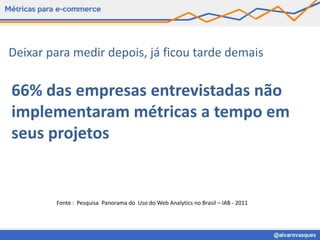 Deixar para medir depois, já ficou tarde demais

66% das empresas entrevistadas não
implementaram métricas a tempo em
seus projetos


        Fonte : Pesquisa Panorama do Uso do Web Analytics no Brasil – IAB - 2011
 