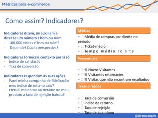 Como assim? Indicadores?
                                          Médias
                                          Médias
Indicadores dizem, ou auxiliam a
dizer se um número é bom ou ruim          •  Média de compras por cliente no
- 100.000 visitas é bom ou ruim?          período
- Depende! Qual a perspectiva?            •  Ticket-médio
                                          •  Te m p o m é d i o n o s i t e
Indicadores fornecem contexto por si só   •  CPA
                                          Percentuais
- Índice de satisfação
- Taxa de conversão
                                          •  % Novos Visitantes
Indicadores respondem às suas ações       •  % Visitantes retornantes
- Parei minha campanha de fidelização     •  % Visitas que não encontram resultados
   meu índice de retorno caiu?            •  % e razões satisfeitos
                                          Taxas Clientes
- Efetuei melhorias no detalhe do meu
   produto a taxa de rejeição baixou?
                                          •  Taxa de conversão
                                          •  Índice de retorno
                                          •  Taxa de rejeição
                                          •  Taxa de abandono
 