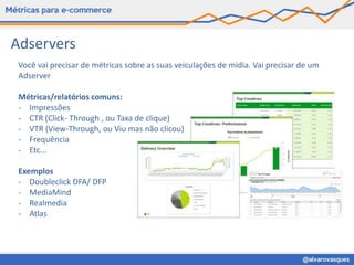 Adservers
 Você vai precisar de métricas sobre as suas veiculações de mídia. Vai precisar de um
 Adserver

 Métricas/relatórios comuns:
 - Impressões
 - CTR (Click- Through , ou Taxa de clique)
 - VTR (View-Through, ou Viu mas não clicou)
 - Frequência
 - Etc...

 Exemplos
 - Doubleclick DFA/ DFP
 - MediaMind
 - Realmedia
 - Atlas
 