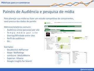 Painéis de Audiência e pesquisa de mídia
Para planejar sua mídia ou fazer um estudo competitivo de concorrentes,
você precisa dos dados de painéis

Métricas/relatórios comuns:
- Audiência única (pessoas) por site
- Te m p o m é d i o p o r s i t e
- Overlap/Afinidade entre sites
- Perfil da audiência
- Etc...

Exemplos
- Doubleclick AdPlanner
- Ibope NetRatings
- comScore MediaMetrix
- Experian Hitwise
- Google Insights for Search
 
