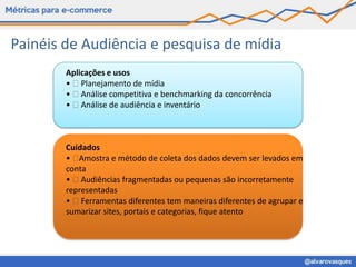 Painéis de Audiência e pesquisa de mídia
        Aplicações e usos
        •  Planejamento de mídia
        •  Análise competitiva e benchmarking da concorrência
        •  Análise de audiência e inventário



        Cuidados
        •  Amostra e método de coleta dos dados devem ser levados em
        conta
        •  Audiências fragmentadas ou pequenas são incorretamente
        representadas
        •  Ferramentas diferentes tem maneiras diferentes de agrupar e
        sumarizar sites, portais e categorias, fique atento
 