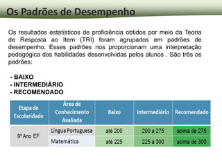 Os Padrões de Desempenho
Os resultados estatísticos de proficiência obtidos por meio da Teoria
de Resposta ao Item (TRI) foram agrupados em padrões de
desempenho. Esses padrões nos proporcionam uma interpretação
pedagógica das habilidades desenvolvidas pelos alunos . São três os
padrões:

- BAIXO
- INTERMEDIÁRIO
- RECOMENDADO
 