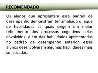 RECOMENDADO
Os alunos que apresentam esse padrão de
desempenho demonstram ter ampliado o leque
de habilidades as quais exigem um maior
refinamento dos processos cognitivos nelas
envolvidos. Além das habilidades apresentadas
no padrão de desempenho anterior, esses
alunos desenvolveram algumas habilidades mais
sofisticadas.
 