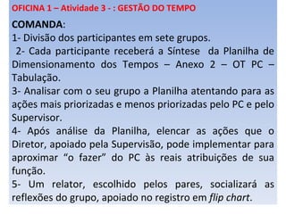 OFICINA 1 – Atividade 3 - : GESTÃO DO TEMPO COMANDA :  1- Divisão dos participantes em sete grupos. 2- Cada participante receberá a Síntese  da Planilha de Dimensionamento dos Tempos – Anexo 2 – OT PC – Tabulação. 3- Analisar com o seu grupo a Planilha atentando para as ações mais priorizadas e menos priorizadas pelo PC e pelo Supervisor. 4- Após análise da Planilha, elencar as ações que o Diretor, apoiado pela Supervisão, pode implementar para aproximar “o fazer” do PC às reais atribuições de sua função. 5- Um relator, escolhido pelos pares, socializará as reflexões do grupo, apoiado no registro em  flip chart . 