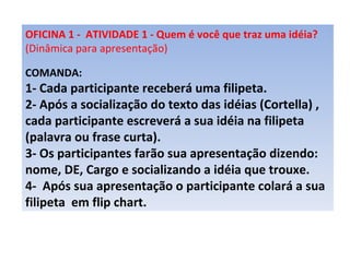 OFICINA 1 -  ATIVIDADE 1 - Quem é você que traz uma idéia?   (Dinâmica para apresentação) COMANDA:  1- Cada participante receberá uma filipeta. 2- Após a socialização do texto das idéias (Cortella) , cada participante escreverá a sua idéia na filipeta  (palavra ou frase curta). 3- Os participantes farão sua apresentação dizendo: nome, DE, Cargo e socializando a idéia que trouxe. 4-  Após sua apresentação o participante colará a sua filipeta  em flip chart. 