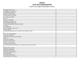 ANEXO 1 TESTE SEUS CONHECIMENTOS A partir dos slogans identifique a marca: “ Dedicação total a você” “ O desafio é a nossa marca” “ A verdadeira maionese” “ Porque se sujar faz bem” “ Você conhece, você confia” “ de mulher pra mulher” “ A nº 1” “ Isso sim é diversão” “ Presunto só o melhor, só...” “ Sua felicidade transforma” “ O jeito mais gostoso de baixar as calorias” “  É a boa” “ Uma boa idéia” “ Ta na moda, ta na mão, ta na...” “ Desce redondo” “ a gente não sabe qual sua cor preferida, mas sabemos a tinta” “ Tem mil e uma utilidades” “ Viver sem fronteiras” “ Você tem seu estilo, nós temos todos” “ Põe na...” “ Viver sem fronteiras” “ Você nasceu para voar” “ Tomou ....a dor sumiu” “  Na nossa frente só você” “  Vende mais porque é fresquinho ou é fresquinho porque vende mais?” “ Quem pede um, pede...” “ Não tem comparação” “ Dê férias para seus pés” “ Você faz maravilhas com...” “ As amarelinhas” “  A gente se vê por aqui” “ Tema da Vitória” (a música) 