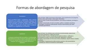 Formas de abordagem de pesquisa
Coleta de Dados: Utiliza instrumentos estruturados, como questionários com perguntas
fechadas, testes padronizados e observações sistemáticas.
Análise de Dados: Envolve técnicas estatísticas, como testes de hipóteses, correlações e
regressões.
Resultados: Apresentados em forma de tabelas, gráficos e estatísticas descritivas.
• Amostragem: Geralmente utiliza grandes amostras representativas para obter
resultados generalizáveis.
Quantitativa
Busca quantificar dados e, geralmente, utiliza métodos
estatísticos para analisar as informações coletadas. Seu
objetivo principal é identificar padrões, testar hipóteses
e fazer previsões com base em dados numéricos. Essa
abordagem é útil quando se deseja medir a incidência,
frequência ou magnitude de um fenômeno.
Coleta de Dados: Usa métodos como entrevistas semiestruturadas, grupos focais,
observação participante e análise documental.
Análise de Dados: Envolve a identificação de padrões temáticos, codificação e
interpretação dos dados, buscando compreender significados e contextos.
Resultados: Apresentados em forma de narrativas detalhadas, citações diretas e modelos
conceituais.
• Amostragem: Frequentemente utiliza amostras menores e não representativas,
escolhidas por critérios de relevância e profundidade.
Qualitativa
A pesquisa qualitativa foca em explorar a complexidade
dos fenômenos sociais e humanos, buscando entender o
"como" e o "porquê" das ações e interações. Em vez de
números, ela se baseia em dados descritivos e
subjetivos.
 