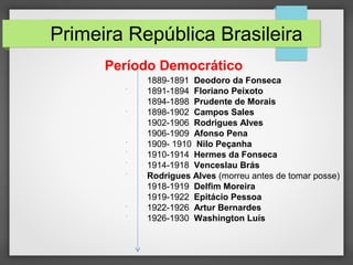 Primeira República Brasileira
1889-1891 Deodoro da Fonseca
1891-1894 Floriano Peixoto
1894-1898 Prudente de Morais
1898-1902 Campos Sales
1902-1906 Rodrigues Alves
1906-1909 Afonso Pena
1909- 1910 Nilo Peçanha
1910-1914 Hermes da Fonseca
1914-1918 Venceslau Brás
Rodrigues Alves (morreu antes de tomar posse)
1918-1919 Delfim Moreira
1919-1922 Epitácio Pessoa
1922-1926 Artur Bernardes
1926-1930 Washington Luís
Período Democrático
 