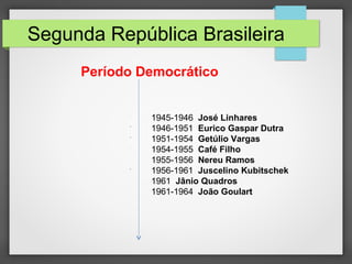 Segunda República Brasileira
1945-1946 José Linhares
1946-1951 Eurico Gaspar Dutra
1951-1954 Getúlio Vargas
1954-1955 Café Filho
1955-1956 Nereu Ramos
1956-1961 Juscelino Kubitschek
1961 Jânio Quadros
1961-1964 João Goulart
Período Democrático
 
